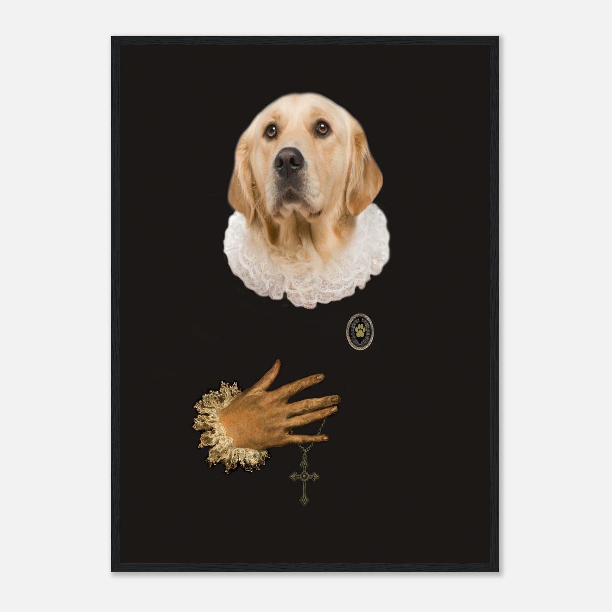 Camiseta Retrato de un perro con atuendo renacentista, usando un collar de encaje y un fondo negro, arte creativo y único que fusiona el estilo clásico con un toque moderno