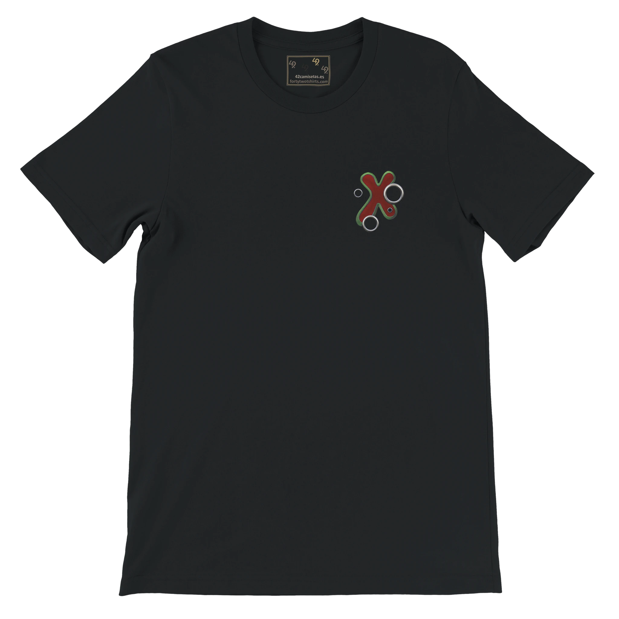 Camiseta unisex “Follow the White Rabbit” en negro con diseño de conejo, reloj y estrellas, ideal para amantes de la fantasía – Forty Two Tshirts.
