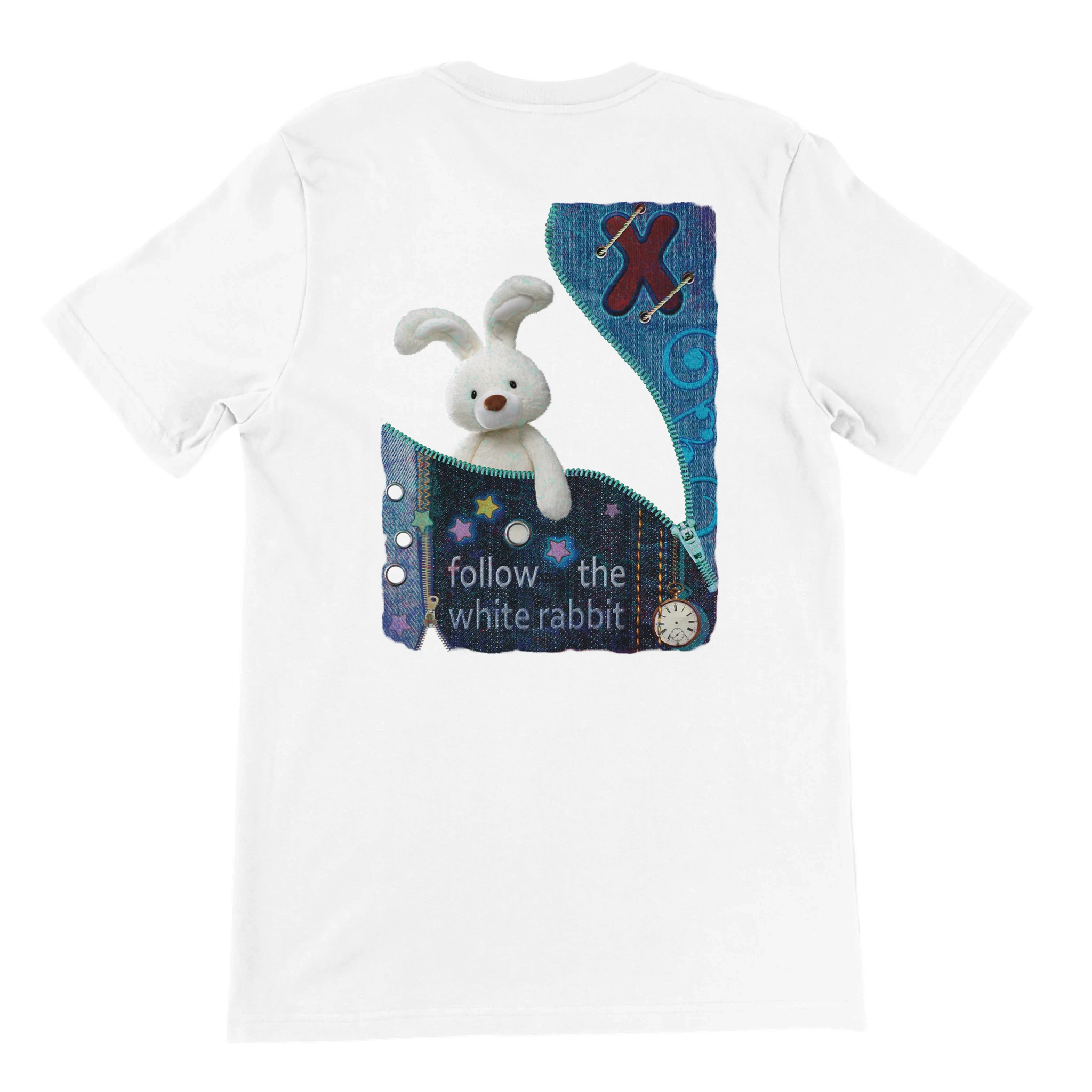 Camiseta unisex “Follow the White Rabbit” con diseño de conejo, reloj y detalles astrales, inspirado en Alicia en el País de las Maravillas – Forty Two Tshirts.
