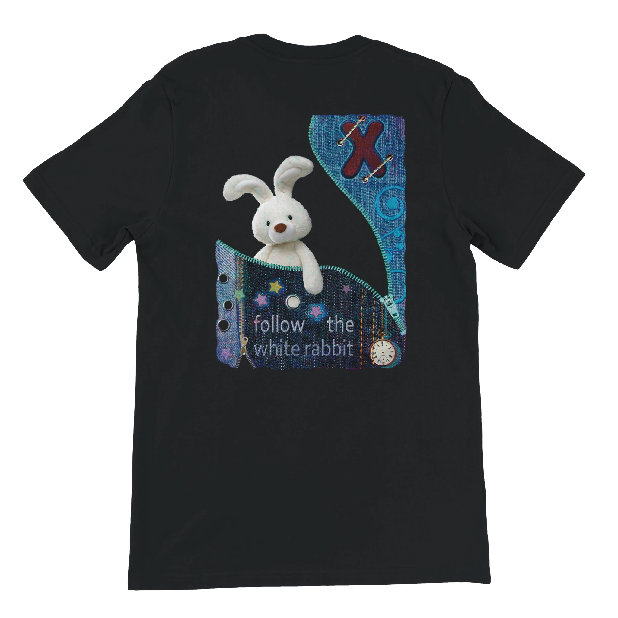 Camiseta unisex “Follow the White Rabbit” con diseño de conejo, reloj y estrella, inspirado en el universo de Alicia en el País de las Maravillas – Forty Two Tshirts.
