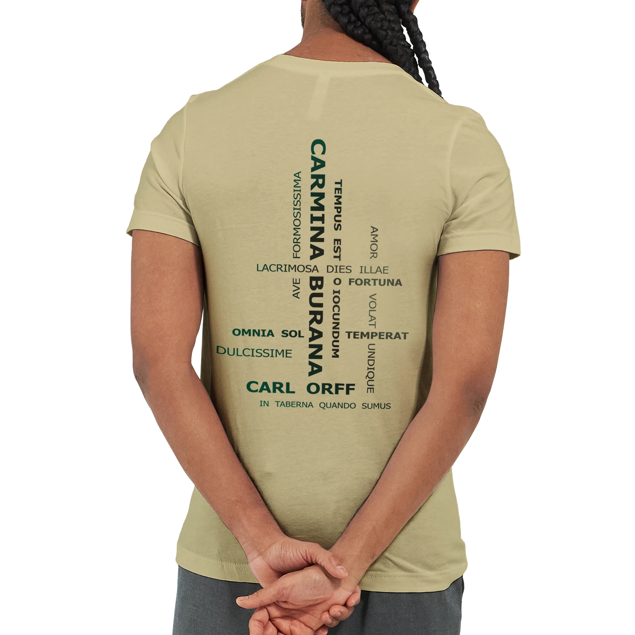 Camiseta personalizable beige unisex con diseño tipográfico de Carmina Burana – Forty Two Tshirts