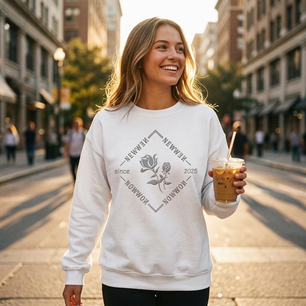Mujer luciendo una sudadera blanca con diseño gráfico "NEW NOW" y una rosa gris, acompañada del texto "since 2025". Un estilo moderno y artístico para los que aprecian el arte visual y el diseño conceptual.
