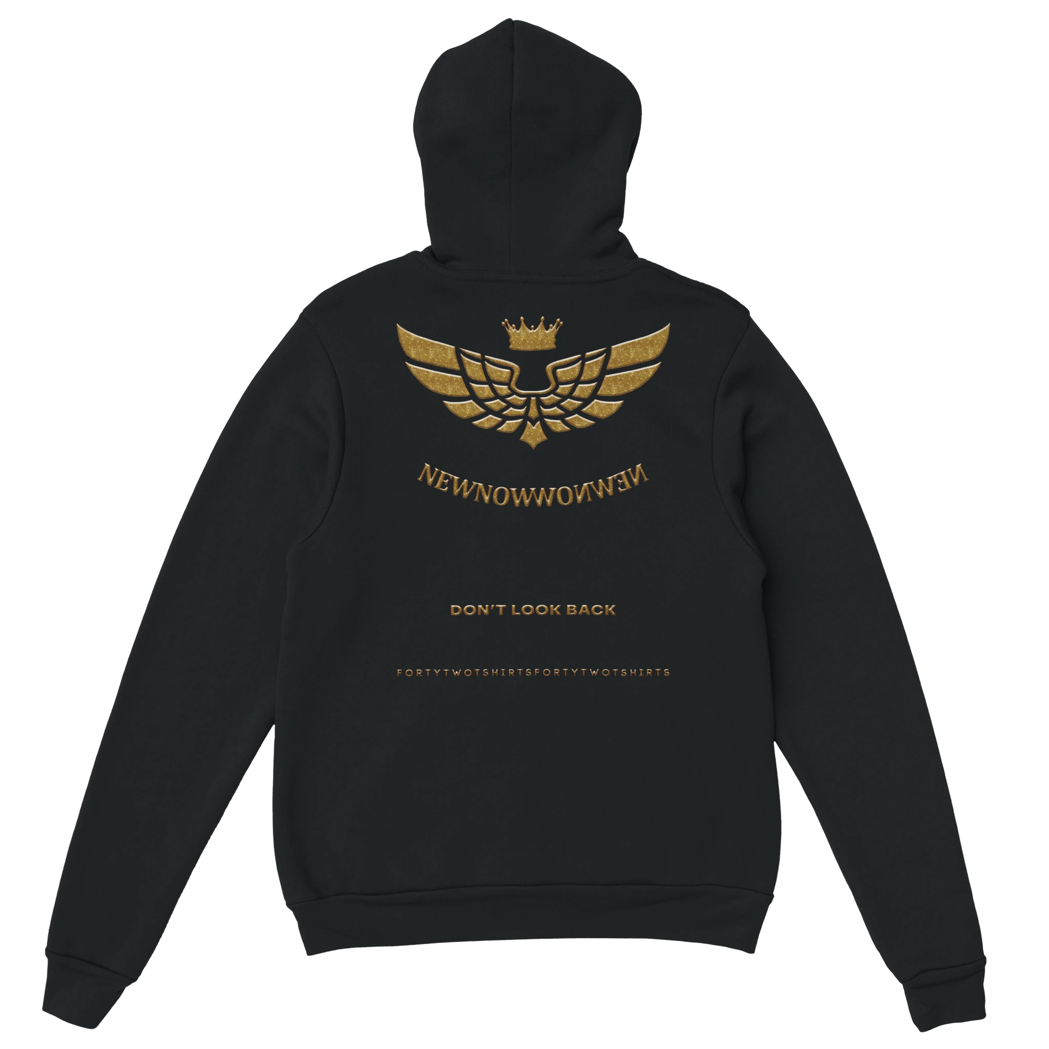 Sudadera negra con diseño dorado en la parte trasera que incluye alas, corona y el mensaje "DON'T LOOK BACK", ideal para los amantes del arte conceptual.