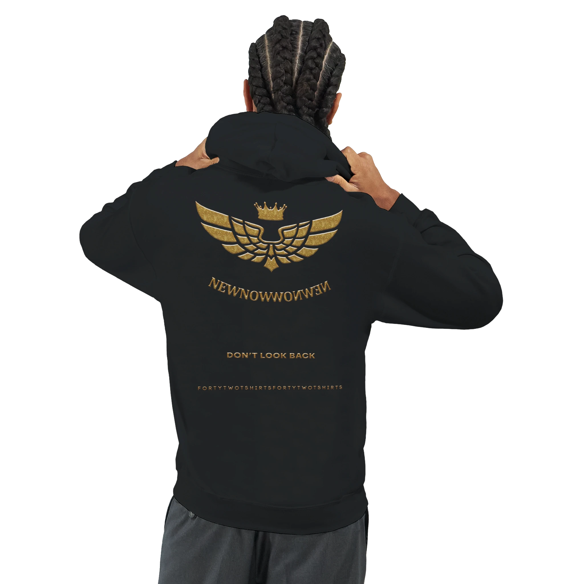 Sudadera negra con capucha, diseño dorado en la parte trasera con alas, corona y mensaje "DON'T LOOK BACK", ideal para quienes aman el arte conceptual y los enigmas visuales.
