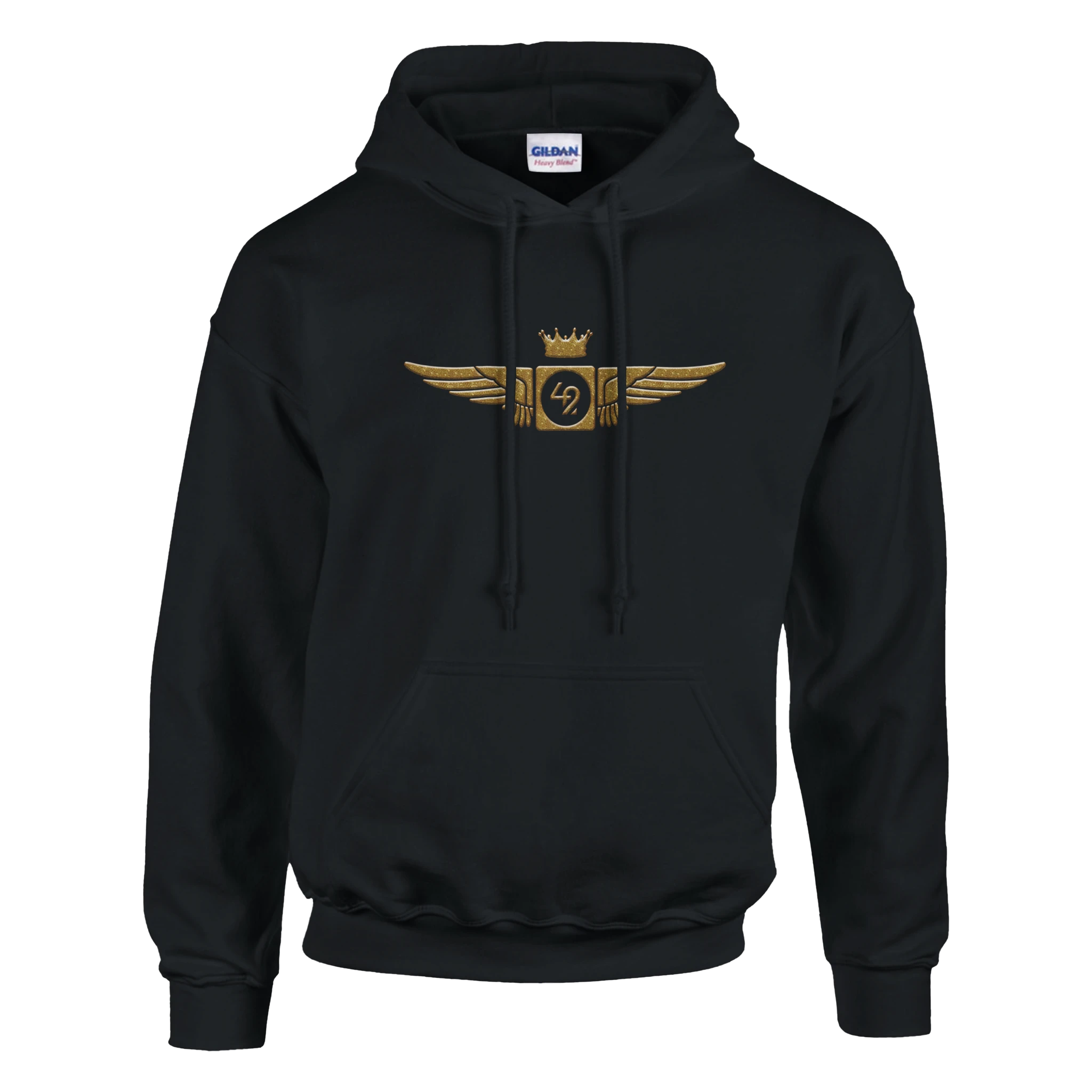 Sudadera negra con diseño exclusivo de alas doradas y corona en el pecho, perfecta para los amantes del arte visual y los enigmas conceptuales.