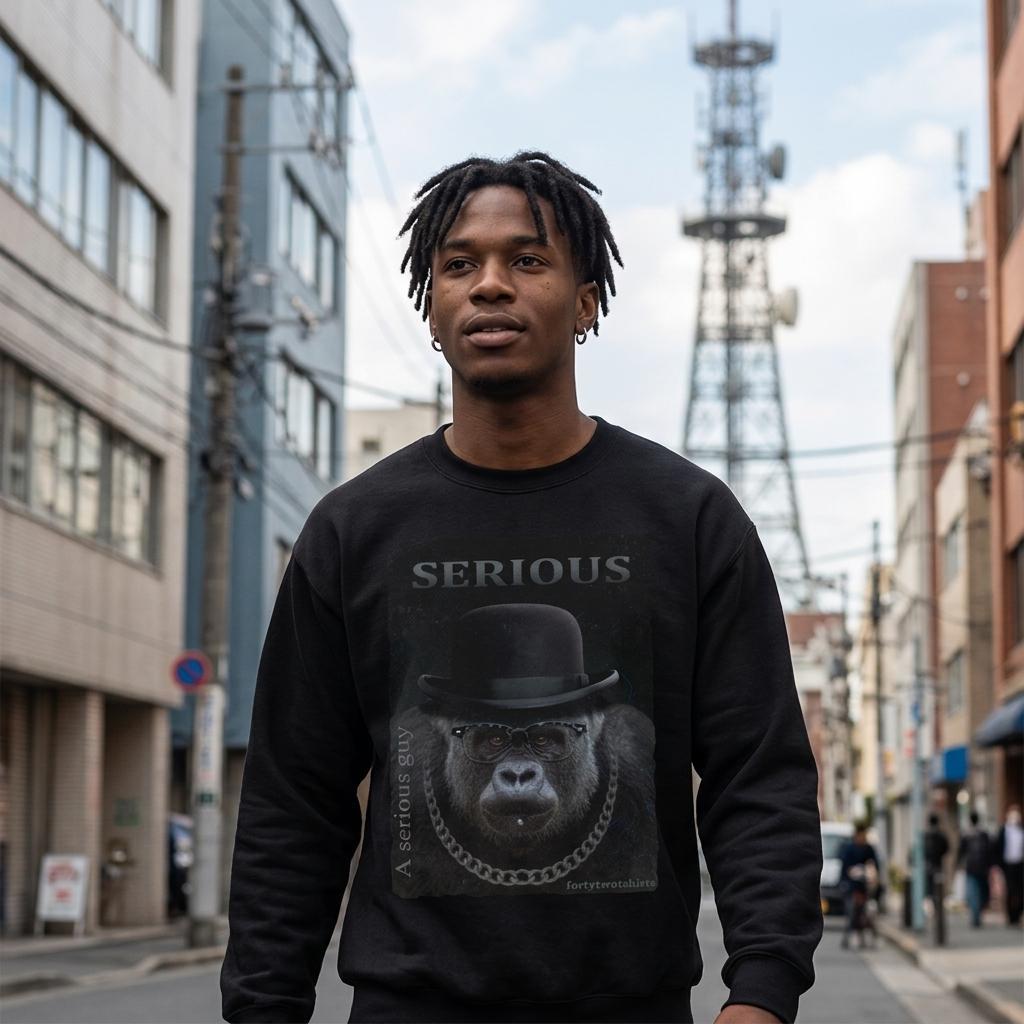 Sudadera negra con diseño gráfico de gorila elegante usando sombrero de copa, gafas y cadena, con el texto "SERIOUS". Perfecta para un look audaz y divertido.