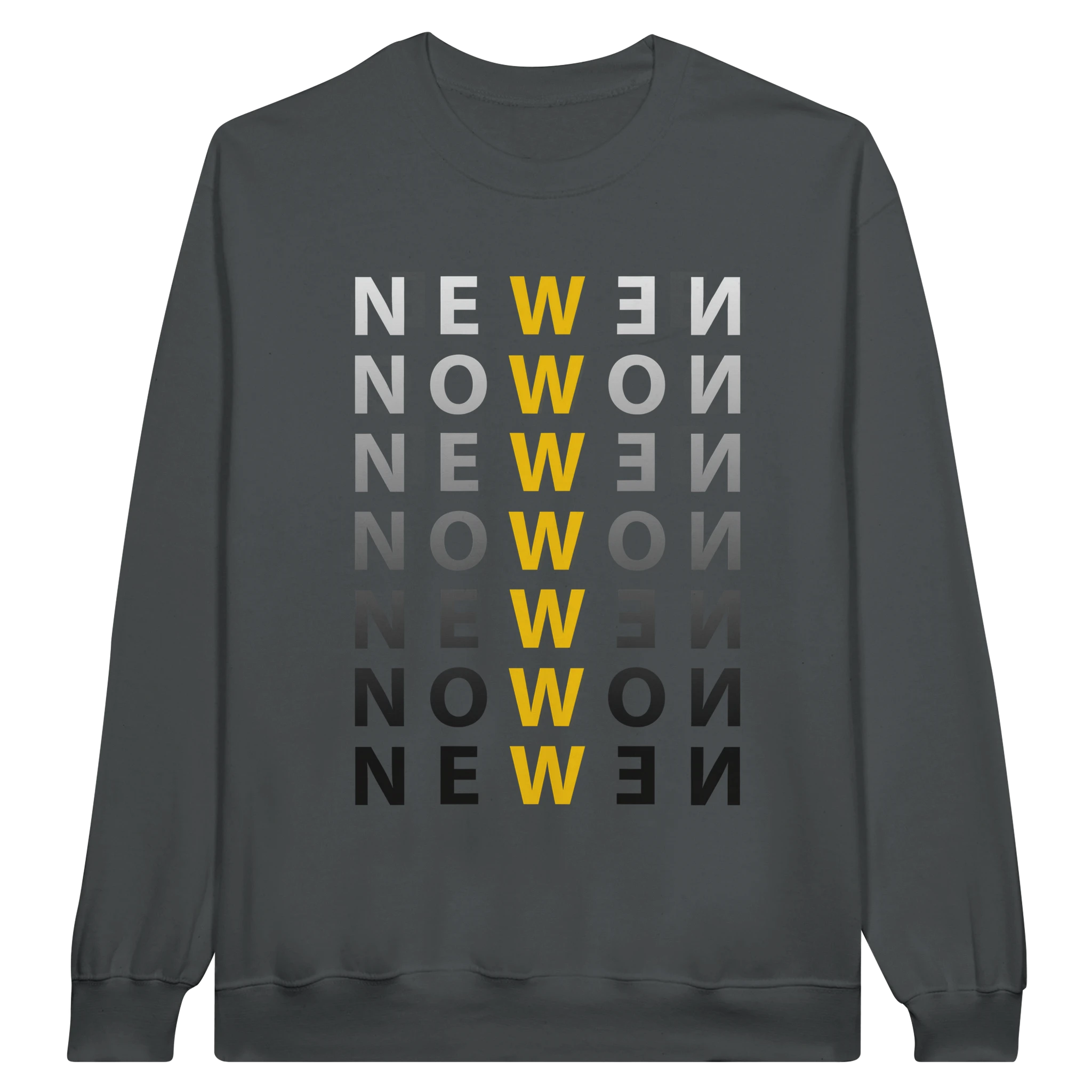 Sudadera gris con diseño visual único "NEW NOW", destacando la letra "W" en amarillo y variación de grises, ideal para los amantes del arte conceptual y moderno.