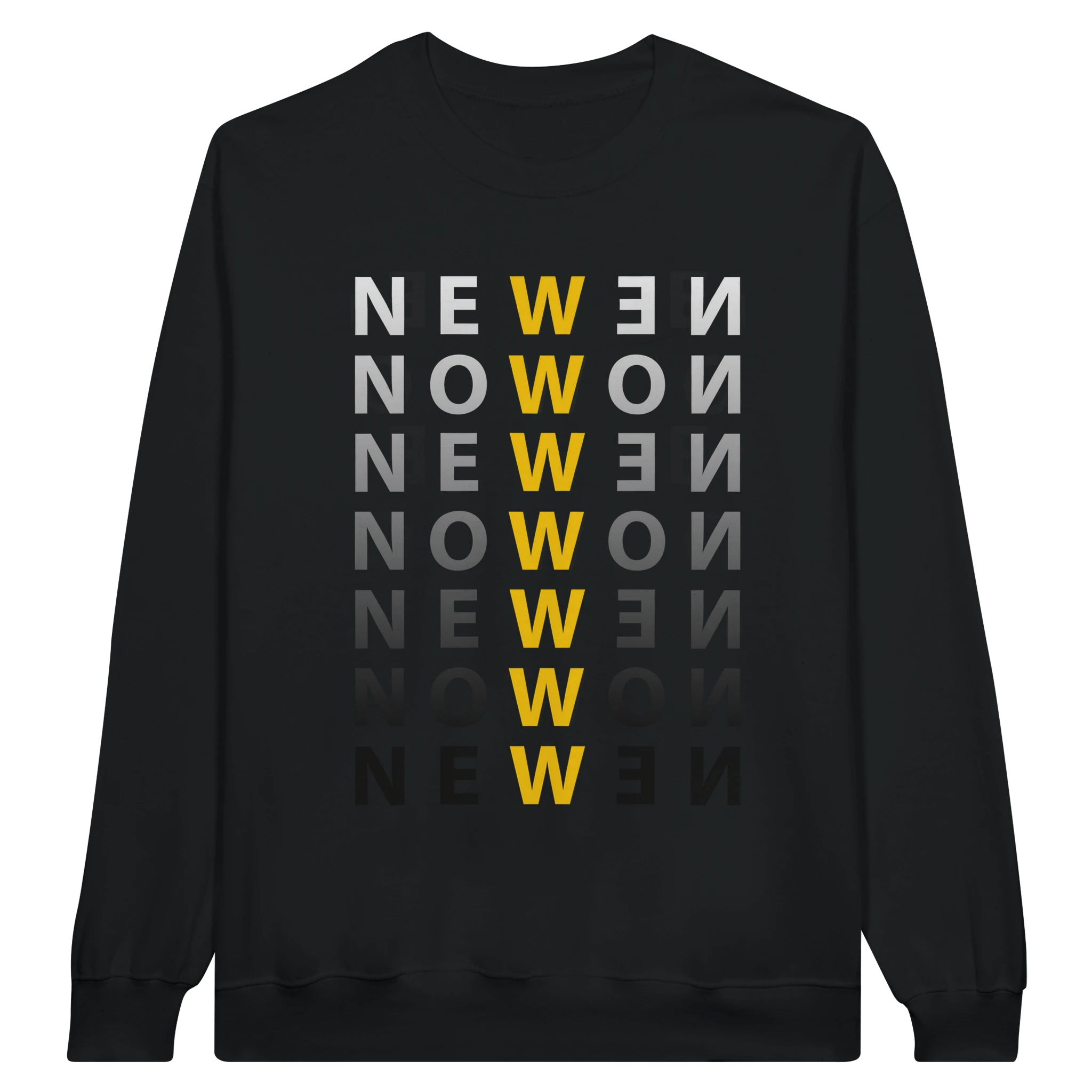 Sudadera negra con diseño tipográfico "NEW NOW", destacando la letra "W" en amarillo y un punto azul, perfecta para amantes del arte visual y el diseño moderno.