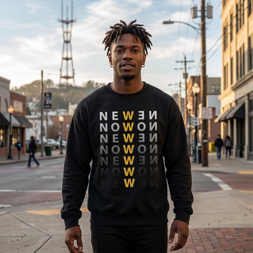 Modelo usando una sudadera negra con diseño "NEW NOW", destacando el contraste entre las letras en blanco, gris y la "W" amarilla, ideal para quienes disfrutan del arte visual y el diseño conceptual.