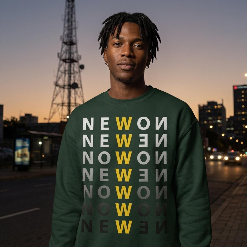 Modelo luciendo una sudadera verde con diseño gráfico "NEW NOW", destacando la letra "W" en amarillo y variaciones de gris, perfecta para los amantes del arte visual y el diseño conceptual.