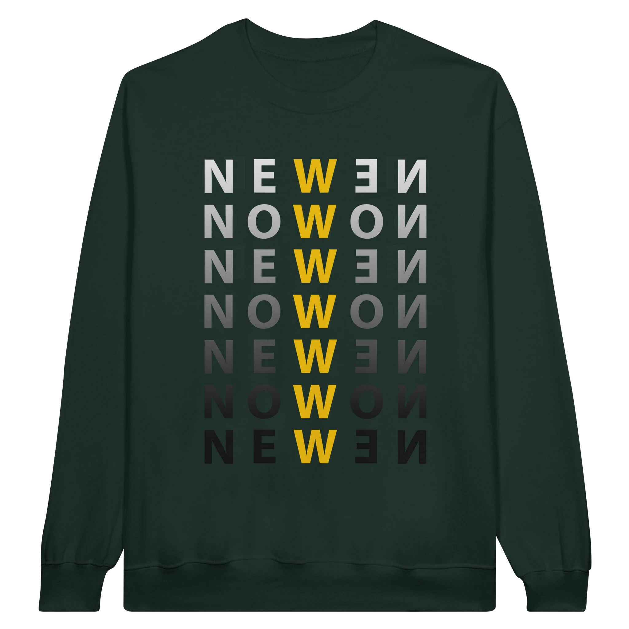 Sudadera verde con diseño gráfico creativo que juega con la tipografía "NEW NOW" en colores degradados, ideal para quienes buscan moda conceptual y moderna.
